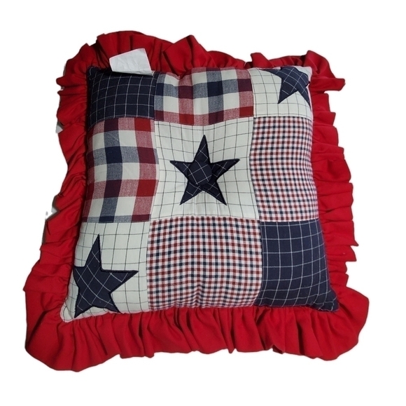 Country Patchwork quilt Plaid Star Red White Blue quilted ruffle pillow - Picture 3 of 11
